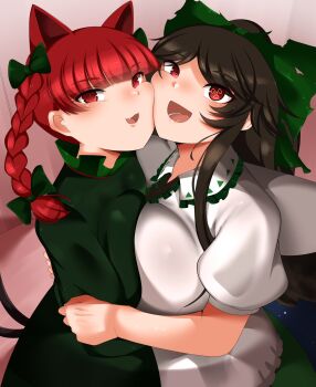 2girls :d animal_ears black_hair blunt_bangs blush bow breast_press cat_ears cat_girl cheek_press commentary_request dress extra_ears fang gomikuzu green_bow green_dress hair_bow highres kaenbyou_rin long_hair looking_at_viewer multiple_girls open_mouth pink_background radiation_symbol-shaped_pupils red_eyes red_hair reiuji_utsuho shirt short_sleeves slit_pupils smile symbol-shaped_pupils touhou upper_body white_shirt