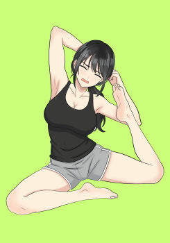 1girl absurdres armpits arms_behind_head barefoot black_hair black_tank_top breasts cleavage closed_eyes dolphin_shorts highres large_breasts low_ponytail medium_hair original ponytail rakuo_cafeaulait shorts simple_background solo stretching tank_top wince yoga