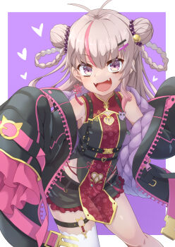 Rule 34 | 1girl, antenna hair, black jacket, black kimono, black shorts, clothing cutout, commentary request, double bun, fangs, frilled shorts, frilled sleeves, frills, hair bun, hair ornament, hairpin, heart cutout, highres, jacket, japanese clothes, kimono, kurobuchi kintobi, looking at viewer, matsukai mao, matsukai mao (3rd costume), nijisanji, o-ring, o-ring thigh strap, official alternate costume, open mouth, pink streaks, purple eyes, shorts, single thighhigh, sleeves past fingers, sleeves past wrists, smile, solo, thigh strap, thighhighs, virtual youtuber, white thighhighs