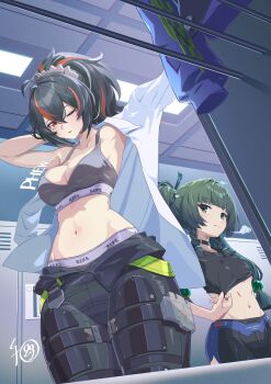 2girls absurdres black_hair black_pants black_shirt bra breasts changing_room commentary_request green_eyes green_hair grey_bra grey_panties highres indoors kz_nezu3 locker long_hair medium_breasts midriff multicolored_hair multiple_girls navel one_eye_closed orange_eyes orange_hair panties pants ponytail qingyi_(zenless_zone_zero) shirt short_hair small_breasts stream two-tone_hair underwear very_long_hair white_shirt zenless_zone_zero zhu_yuan