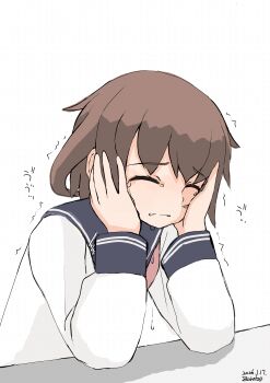 1girl absurdres black_sailor_collar brown_hair closed_eyes commentary_request crying hands_on_own_face highres ikazuchi_(kancolle) kantai_collection long_sleeves one-hour_drawing_challenge sad sailor_collar school_uniform serafuku shirt short_hair solo toplow upper_body white_shirt