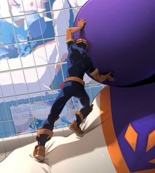 1boy 1girl absurdres blonde_hair blue_bodysuit blue_sky bodysuit boku_no_hero_academia breasts building commentary day english_commentary english_text giant giantess gloves grabbing_another&#039;s_breast groping highres kamui_woods khyle. large_breasts licking_lips mount_lady outdoors reflection shoes size_difference sky skyscraper standing tongue tongue_out