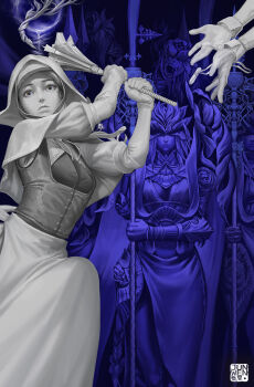 Rule 34 | 2girls, alternate form, armor, black bodice, black capelet, black hood, body horror, capelet, clothing cutout, commentary request, covered eyes, crystal, elden ring, elden ring nightreign, flanged mace, flying ribbons, great rune (elden ring), halter shirt, halterneck, helmet, helmet over eyes, highres, hip armor, holding, holding mace, holding polearm, holding weapon, incoming attack, jewelry, junwen lululu, limited palette, mace, multiple girls, navel cutout, necklace, nun, open mouth, ornate armor, plunging neckline, polearm, rope braid, runes, sarong, screaming, signature, undertaker (elden ring), weapon, weapon bequeathed harmonia (elden ring), white coif, white sarong