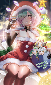 1girl absurdres alternate_costume black_gloves black_thighhighs blush box breasts character_doll christmas cleavage commentary_request commission doll dress elbow_gloves fire_emblem fire_emblem_heroes fur-trimmed_dress fur-trimmed_hood fur_trim gift gift_box gloves gradient_hair green_hair gullveig_(fire_emblem) hair_over_one_eye heidr_(fire_emblem) highres holding holding_doll holding_toy hood hood_up kiran_(fire_emblem) kvasir_(fire_emblem) looking_at_viewer mixed-language_commentary multicolored_hair nintendo one_eye_covered purple_hair red_dress red_hood sack santa_costume seidr_(fire_emblem) short_hair sitting skeb_commission small_breasts smile solo strapless strapless_dress thank_you thighhighs toy yam_(yamap_mako)