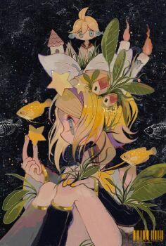 1boy 1girl ahoge barcode black_boots black_sailor_collar black_sleeves blonde_hair boots bow candle closed_mouth detached_sleeves expressionless fire fish gold_trim hair_bow hand_on_own_knee highres holding holding_star kagamine_len kagamine_rin li04r neckerchief necktie plant sailor_collar sailor_shirt shirt short_hair sitting sleeveless sleeveless_shirt star_(symbol) tareme vocaloid watermark white_bow white_shirt yellow_nails yellow_neckerchief yellow_necktie