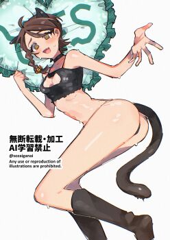 1girl @_@ animal_ears artist_name ass black_choker black_panties black_shirt black_socks braid breasts brown_hair cat_cutout cat_ears cat_girl cat_tail choker cleavage cleavage_cutout clothing_cutout commentary_request crop_top fang frilled_pillow frills hair_behind_ear hair_ornament head_on_pillow heart heart-shaped_pillow highres juliana_(pokemon) kneehighs looking_at_viewer medium_breasts nintendo open_mouth panties pillow pokemon pokemon_scarlet_and_violet shigusa_(vif) shirt side_braid simple_background skin_fang socks solo sweat tail thighs twitter_username underwear white_background yellow_eyes yes yes-no_pillow