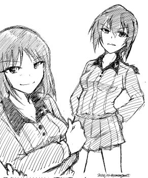 Rule 34 | 2girls, braid, breasts, character request, cleavage, collarbone, collared shirt, commentary request, crossed arms, dated, frown, girls und panzer, girls und panzer phase erika, highres, kuromorimine school uniform, medium hair, miniskirt, multiple girls, school uniform, shirt, skirt, smile, twitter username, yamamotommtt