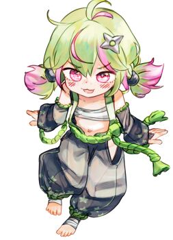 1girl barefoot blush chaosexceed chest_sarashi colored_tips commentary detached_sleeves english_commentary flat_chest green_hair highres looking_at_viewer multicolored_hair navel open_mouth original paid_reward_available pink_eyes pink_hair sarashi shuriken_hair_ornament simple_background solo streaked_hair two-tone_hair white_background