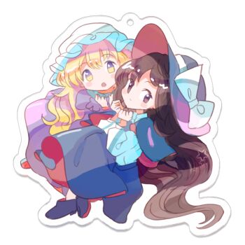 Rule 34 | 2girls, acrylic stand (medium), alpha transparency, alternate hair length (longer), black capelet, black hat, black shoes, black skirt, blonde hair, blush, bow, brown hair, capelet, commentary request, dress, full body, hat, hat bow, long hair, long sleeves, maribel hearn, minus (sr mineka), mob cap, multiple girls, open mouth, purple dress, red capelet, red hat, red shoes, red skirt, shirt, shirt tucked in, shoes, skirt, star (symbol), touhou, transparent background, two-sided capelet, two-sided fabric, two-sided headwear, two-sided skirt, usami renko, white hat, white shirt