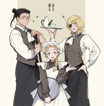Rule 34 | 1girl, 2boys, apron, badeni, black hair, blonde hair, blue eyes, braid, chi.: chikyuu no undou ni tsuite, collared shirt, commentary request, cup, dress, eyepatch, hair bun, hat, highres, holding, holding tray, jolenta, long sleeves, looking at viewer, maid, maid apron, medium hair, mob cap, multiple boys, oczy, open mouth, ponytail, sakitsu, scar, scar on face, scar on mouth, shirt, short hair, single braid, smile, teacup, teapot, tonsure, tray, vest, waist apron, white shirt, yellow eyes