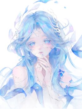 1girl absurdres bare_shoulders blue_eyes blue_hair blue_nails born_flawless_(infinity_nikki) chinese_commentary closed_mouth colored_eyelashes commentary_request coral_hair_ornament cracked_skin cropped_torso dress expressionless eyeliner facepaint floating_hair grey_dress hair_ornament hand_on_own_chin hands_on_own_neck highres infinity_nikki jewelry lips long_hair long_sidelocks makeup material_growth mugoa_mugo multiple_rings nail_polish nikki_(series) own_hands_together pink_lips ring sidelocks simple_background solo strapless strapless_dress very_long_hair wavy_hair white_background white_eyeliner