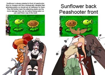 Rule 34 | 4girls, absurdres, armor, arms up, ball gag, bdsm, black cape, black thighhighs, blonde hair, bondage, bound, bound wrists, braid, brown gloves, brown hair, cape, centurii-chan, chainmail, chaperon hat, commentary, dress, english commentary, english text, faceless, faceless female, gag, gagged, gloves, green dress, grin, hair between eyes, hat feather, highres, hood, human shield, knight protecting princess (meme), landsknecht (centurii-chan), leg armor, long hair, meme, multiple girls, nun, orange hair, original, pavise, peashooter (plants vs. zombies), pelvic curtain, pink eyes, plants vs. zombies, reference inset, rock, rope, shaded face, sharp teeth, sheath, sheathed, shield, shielding, simple background, smile, sunflower (plants vs. zombies), sword, teeth, thigh strap, thighhighs, tower shield, weapon, white background, zweihander