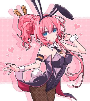 1girl amefu_luna animal_ear_hairband animal_ears bare_shoulders black_hairband black_leotard black_necktie blue_eyes blush_stickers breasts brown_pantyhose cleavage closed_mouth commentary cowboy_shot detached_collar double-parted_bangs drop_shadow fake_animal_ears fake_tail fishnet_pantyhose fishnets hair_between_eyes hairband hand_up heart highres leotard long_hair looking_at_viewer medium_breasts megurine_luka necktie pantyhose pink_background pink_hair pixel_art rabbit_ear_hairband rabbit_ears rabbit_tail short_necktie solo strapless strapless_leotard symbol-only_commentary tail vocaloid wrist_cuffs