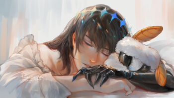 1boy arm_rest blanca_(fate) bug commentary commentary_request english_commentary fate/grand_order fate_(series) grey_hair hair_between_eyes highres insect long_sleeves male_focus moth oberon_(fate) oberon_(third_ascension)_(fate) renrenka_noi shirt short_hair sleeping solo white_background white_shirt