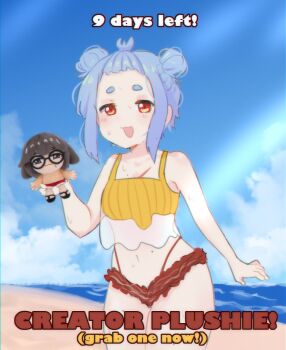 1girl beach bikini blue_hair breasts highleg highleg_bikini looking_at_viewer mole mole_on_breast mole_on_stomach mole_on_thigh navel neqo_(character) neqo_(neneneqo) outdoors red_eyes scar scar_on_chest see-through_clothes small_breasts solo stuffed_toy sweat sweatdrop swimsuit water