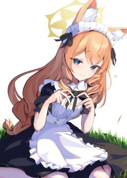 1girl absurdres alternate_costume animal_ears apron black_bow black_dress blue_archive blue_eyes blush bow cat_ears cat_girl closed_mouth commentary_request dress eco_mak1 four-finger_heart_hands halo heart heart_hands highres light_smile long_hair maid maid_apron maid_headdress mari_(blue_archive) orange_hair puffy_short_sleeves puffy_sleeves short_sleeves sitting solo sweat wariza yellow_halo