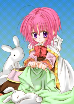 Rule 34 | 00s, 1girl, :d, animal, argyle background, argyle clothes, blush, bow, bowtie, cape, caro ru lushe, closed eyes, covering with blanket, female focus, hair intakes, long sleeves, lyrical nanoha, mahou shoujo lyrical nanoha, mahou shoujo lyrical nanoha strikers, open mouth, parted lips, purple eyes, rabbit, red bow, red bowtie, sitting, sleeping, smile, solid circle eyes, solo