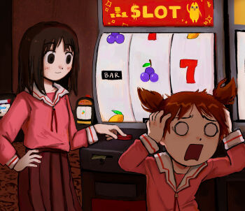 Rule 34 | 2girls, absurdres, azumanga daioh's school uniform, azumanga daiou, brown eyes, brown hair, casino, fffkorobka, gambling, hand on own hip, hands on own head, highres, indoors, kasuga ayumu, medium hair, messy hair, mihama chiyo, mihama chiyo's father, multiple girls, o o, pink shirt, push-button, sailor collar, school uniform, screaming, shirt, short twintails, slot machine, twintails, white sailor collar