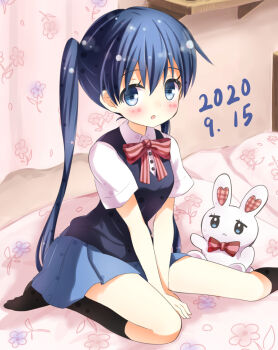Rule 34 | :o, bed sheet, between legs, black socks, blue eyes, blue hair, blue skirt, blue vest, blush, bow, bowtie, collared shirt, commentary, curtains, dated, hand between own legs, ichiyo12, indoors, kin-iro mosaic, komichi aya, lens flare, long hair, moegi high school uniform, on bed, school uniform, shirt, sitting, skirt, socks, striped bow, striped bowtie, striped clothes, stuffed animal, stuffed rabbit, stuffed toy, summer uniform, tareme, twintails, vest, wariza, white shirt