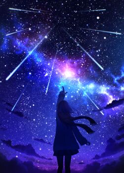 1girl arm_up cloud coat commentary_request feet_out_of_frame highres long_hair long_sleeves looking_up meteor_shower milky_way natsuyu_3 night night_sky original pointing scarf scenery shooting_star silhouette skirt sky sky_focus solo standing star_(sky) starry_sky