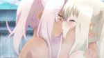 3girls animated anime_screenshot ass blush breasts chloe_von_einzbern completely_nude dark-skinned_female dark_skin eyes_visible_through_hair fate/kaleid_liner_prisma_illya fate_(series) female_focus flat_chest french_kiss illyasviel_von_einzbern interlocked_fingers kiss loli miyu_edelfelt multiple_girls nude onsen outdoors saliva saliva_trail small_breasts sound steam tongue video water yuri