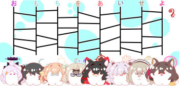 Rule 34 | > <, 6+girls, :d, ahoge, akane (blue archive), animal ear fluff, animal ears, black-framed eyewear, black hair, blue archive, blue eyes, blush, braid, brown hair, chibi, closed eyes, commentary request, eyes visible through hair, fox ears, fox tail, glasses, grey eyes, grey hair, hair intakes, hair ornament, hair over eyes, hair over one eye, hairclip, halo, highres, hina (blue archive), horns, izuna (blue archive), kanoe (blue archive), kisaki (blue archive), kotama (blue archive), kurukurumagical, ladder lottery, maid headdress, multicolored hair, multiple girls, open mouth, orange eyes, parted bangs, purple eyes, red hair, shaded face, shimiko (blue archive), single hair intake, smile, standing, tail, translation request, twintails, two-tone hair, two side up, wakamo (blue archive), white background, x hair ornament, xd, yellow eyes