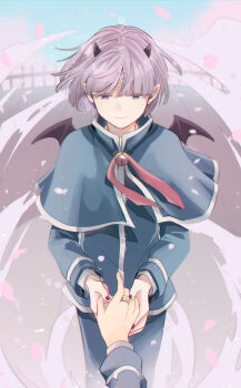 Rule 34 | 1boy, 1other, black horns, black nails, black wings, blue capelet, blue jacket, blue pants, bob cut, brooch, capelet, closed mouth, commentary request, cowboy shot, day, demon boy, demon horns, demon wings, falling petals, fence, from above, grey hair, half-closed eyes, highres, holding hands, horns, jacket, jewelry, long sleeves, looking at hand, looking down, maa ohg, mairimashita! iruma-kun, male focus, mini wings, nail polish, neck ribbon, outdoors, pants, petals, pov, pov hands, purple eyes, purple hair, purson soy, red ribbon, ribbon, ring, school uniform, short hair, smile, smoke, solo focus, standing, straight-on, translation request, wings