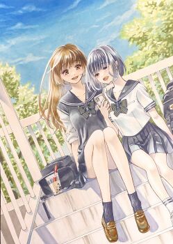 2girls absurdres arm_at_side backpack bag black_ribbon blue_sky bow bowtie brown_hair brown_shoes collarbone commentary_request convenient_leg cup dai_dai_da day diagonal-striped_bow diagonal-striped_bowtie diagonal-striped_clothes disposable_cup dutch_angle grey_bow grey_bowtie grey_hair grey_sailor_collar grey_skirt grey_socks grey_sweater_vest highres loafers long_hair marker_(medium) miniskirt multiple_girls open_mouth original outdoors pleated_skirt ribbon sailor_collar school_uniform serafuku shadow shirt shoes short_hair short_sleeves sitting sitting_on_stairs skirt sky sleeves_rolled_up smile socks stairs striped_bow striped_bowtie striped_clothes sweater_vest thigh_strap traditional_media white_shirt