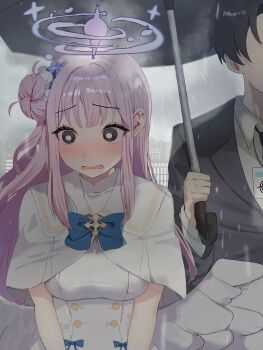 1boy 1girl absurdres black_hair blue_archive blue_bow blush bow breasts buttons collared_shirt commentary_request dot_nose dress feathered_wings formal_clothes hair_bun hair_ornament halo highres holding holding_umbrella kashio_(92984798) large_breasts long_hair low_wings mika_(blue_archive) open_mouth pink_hair rain sensei_(blue_archive) shirt suit umbrella under_umbrella white_dress white_shirt wings