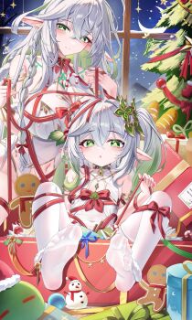 2girls absurdres aranara_(genshin_impact) artist_name bare_shoulders between_breasts blush body_markings bow bowtie braid breasts candy candy_cane chinese_commentary christmas_tree cleavage closed_mouth clothing_cutout collarbone commentary_request covered_navel cross-shaped_pupils dendro_slime_(genshin_impact) double-parted_bangs dress fingernails flat_chest food genshin_impact gift gingerbread_man gold_trim gradient_hair green_eyes green_hair hair_between_eyes hair_ornament hand_up hands_up highres indoors jndfh large_breasts leaf_hair_ornament light_smile loli long_hair looking_at_viewer multicolored_hair multiple_girls nahida_(genshin_impact) navel navel_cutout night no_shoes pixiv_logo pointy_ears red_bow red_bowtie red_ribbon ribbon rukkhadevata_(genshin_impact) side_ponytail sitting sleeveless sleeveless_dress slime_(genshin_impact) symbol-shaped_pupils thighhighs toes variant_set very_long_hair white_dress white_hair white_thighhighs