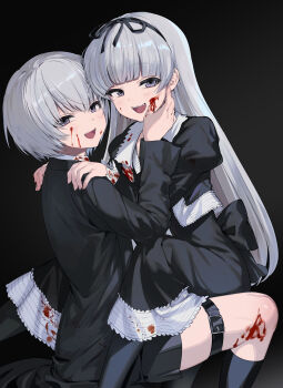 1boy 1girl absurdres androgynous belt black_dress black_jacket black_lagoon blood blood_on_clothes blood_on_face brother_and_sister commentary_request dress fangs gothic_lolita gretel_(black_lagoon) grey_eyes grey_hair hansel_(black_lagoon) highres jacket lolita_fashion long_hair looking_at_viewer shorts siblings smile thigh_belt thigh_strap twins yuiitsu