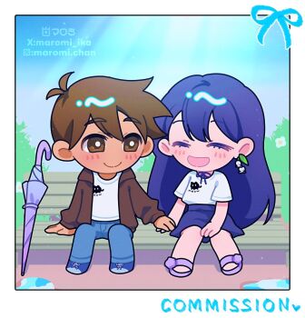 Rule 34 | 1boy, 1girl, :d, ^ ^, animal print, antenna hair, arm support, bench, blue pants, blue ribbon, blue shoes, blue sky, border, bright pupils, brown eyes, brown hair, brown jacket, bush, cat print, chibi, chibi only, closed eyes, closed mouth, closed umbrella, commentary, commission, couple, dark-skinned male, dark skin, day, denim, double-parted bangs, earrings, english commentary, facing another, fewer digits, film grain, flower, flower earrings, full body, hair behind ear, hair between eyes, hero (faraway) (omori), hero (omori), hetero, holding hands, hood, hood down, hooded jacket, instagram logo, instagram username, jacket, jeans, jewelry, light particles, long hair, long sleeves, looking at another, mari (faraway) (omori), mari (omori), maromichan, medium skirt, mewo, neck ribbon, omori, on bench, open clothes, open jacket, open mouth, outdoors, pants, park bench, puddle, puffy long sleeves, puffy sleeves, purple eyes, purple ribbon, purple sandals, purple skirt, purple umbrella, ribbon, sandals, shirt, shoelaces, shoes, short hair, short sleeves, sitting, skirt, sky, smile, sunlight, twitter username, umbrella, very long hair, very short hair, white border, white flower, white pupils, white shirt, wooden bench