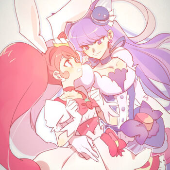 2girls animal_ear_fluff animal_ears arm_around_back big_hair blunt_bangs bow bow_choker bowtie brooch brown_bag bubble_skirt buttons cake cat_ears cat_girl center_frills choker clenched_hand collarbone corset cowboy_shot cure_macaron cure_whip dress dress_bow earrings extra_ears eyelashes floppy_ears food food-themed_clothes food-themed_hair_ornament food_print frilled_skirt frilled_sleeves frills fruit fruit_print gloves hair_ornament hairband hand_on_another&#039;s_waist happy heke jewelry kirakira_precure_a_la_mode kotozume_yukari long_hair looking_at_another macaron magical_girl miniskirt multiple_girls nervous pink_bag pink_bow pink_bowtie pink_choker pink_corset pink_eyes pink_hair pink_hairband pom_pom_(clothes) pom_pom_earrings precure puffy_short_sleeves puffy_sleeves purple_bow purple_choker purple_dress purple_eyes purple_ribbon rabbit_ears rabbit_girl ribbon short_dress short_sleeves simple_background skirt skirt_under_dress sphere_earrings square_neckline standing strawberry strawberry_brooch strawberry_print strawberry_shortcake twintails two-tone_bag usami_ichika very_long_hair waist_bag white_background white_dress white_gloves white_sleeves yellow_bag yellow_skirt yuri