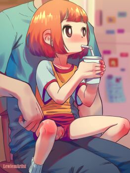 1boy 1girl absurdres artist_name blunt_bangs blush brown_eyes cleft_of_venus clitoris collarbone daughter_(yoru_mac) drink drinking drinking_straw drinking_straw_in_mouth father_(yoru_mac) feet_out_of_frame highres holding holding_drink lewlem loli looking_to_the_side mcdonald&#039;s no_panties orange_hair pussy pussy_peek raglan_sleeves red_shorts shirt short_hair short_shorts short_sleeves shorts sidelocks sitting sitting_on_lap sitting_on_person socks solo_focus spread_legs thighs upshorts white_socks yellow_shirt yoru_mac