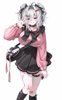 Rule 34 | 1girl, absurdres, alternate costume, bag, bandaid, bandaid on leg, black bag, black bow, black bowtie, black ribbon, black skirt, black socks, blue eyes, blush, bow, bowtie, breasts, choker, commentary, faust (project moon), frilled shirt, frills, greyscale, hair ornament, hair ribbon, hairclip, heart, heart-shaped bag, heart hair ornament, highres, holding, holding phone, jirai kei, kneehighs, large breasts, limbus company, long sleeves, monochrome, phone, pink shirt, project moon, ribbon, shirt, short hair, shoulder bag, simple background, skirt, smile, socks, solo, thigh strap, two side up, untranslatable commentary, white background, white hair, x hair ornament, yuchan 00001