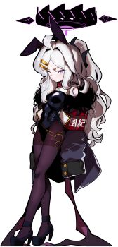 1girl ahoge animal_ears blue_archive commentary_request demon_girl demon_horns demon_wings highres hina_(blue_archive) horns korean_commentary long_hair looking_at_viewer low_wings pantyhose playboy_bunny purple_eyes rabbit_ears simple_background solo standing white_background white_hair wings yong_ta