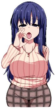 1girl absurdres artist_request blue_eyes blue_hair blush breasts curvy fellatio_gesture game_cg highres large_breasts long_hair non-web_source pixel_art simple_background solo source_request white_background winter_memories yui_(winter_memories)