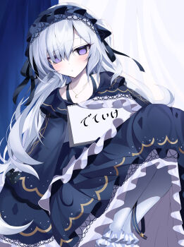 Rule 34 | 1girl, blue dress, closed mouth, commentary request, dress, expressionless, feet out of frame, frilled dress, frills, gothic lolita, hair over one eye, hairband, highres, holding, holding sign, holding sketchbook, knees up, lolita fashion, lolita hairband, long dress, long hair, long sleeves, looking at viewer, mahou shoujo no majo saiban, natsume an-an, pantyhose, purple eyes, s vileblood, sign, sitting, sketchbook, sleeves past fingers, sleeves past wrists, solo, very long hair, white hair, white pantyhose