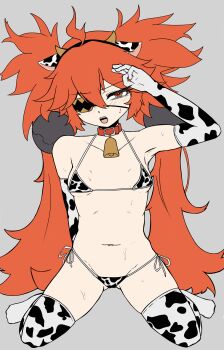 1girl absurdres ahoge animal_ears animal_print bare_shoulders bikini blush breasts commentary_request cow_ears cow_print cow_print_bikini eyepatch fake_animal_ears gloves hair_between_eyes hair_ornament highres koleda_belobog long_hair looking_at_viewer open_mouth print_bikini red_eyes red_hair solo sphere_hair_ornament swimsuit tooooooop twintails zenless_zone_zero