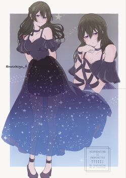1girl alternate_costume arm_garter bare_shoulders black_choker black_dress border braid breasts choker cleavage commentary_request dress green_hair half_up_braid high_heels highres long_hair looking_at_viewer medium_breasts multiple_views noichigo_f purple_eyes see-through_clothes see-through_skirt skirt sousou_no_frieren twitter_username ubel_(sousou_no_frieren) white_border