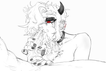 Rule 34 | 1boy, 1girl, black nails, collar, cum, cum in mouth, cum in nose, ear piercing, fellatio, half-closed eyes, helltaker, hetero, highres, one eye covered, oral, piercing, red eyes, sketch, vosmon, zdrada (helltaker)