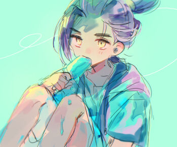 Rule 34 | 1boy, commentary request, feet out of frame, food, food in mouth, hairband, holding, holding food, holding popsicle, huwatannpopo, kieran (pokemon), knees up, loose hair strand, male focus, melting, melting popsicle, mole, mole on neck, nintendo, pokemon, pokemon sv, ponytail, popsicle, popsicle in mouth, purple hair, sitting, solo, yellow eyes, yellow hairband