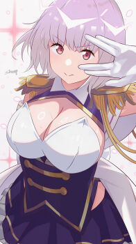 1girl absurdres artist_name breasts cleavage closed_mouth commentary_request cowboy_shot epaulettes frilled_skirt frills gloves gridman_universe highres large_breasts looking_at_viewer pleated_skirt purple_hair purple_skirt red_eyes salute shee-p_(inemurisheep113) shinjou_akane shinjou_akane_(new_order) short_hair skirt smile solo sparkle_background ssss.gridman vulcan_salute white_background white_gloves