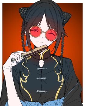 1girl black_dress black_hair china_dress chinese_clothes closed_eyes cone_hair_bun double_bun dress folded_fan folding_fan hair_bun hand_fan highres holding holding_fan idolmaster idolmaster_shiny_colors light_smile mandarin_collar mitsumine_yuika purple_nails qaqyes_re red-tinted_eyewear red_background round_eyewear solo tinted_eyewear