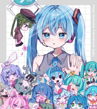 &gt;_&lt; 6+girls :d animal_ear_hairband animal_ears anniversary annotated aqua_hair black_arm_warmers black_eyes black_jacket black_leotard black_mask black_skirt blue_eyes blue_hair blue_necktie blue_shirt blue_shorts blush border bow bowtie character_name chibi collared_shirt commentary crane_game crown detached_collar donut double-parted_bangs empty_eyes english_text fake_animal_ears fang floral_print floral_print_kimono food green_hair grey_border grey_shirt grid_background hair_between_eyes hair_ornament hair_rings hairband hat hatsune_miku hatsune_miku_(high_fever) hatsune_miku_(ichi_no_sakura_oka) headphones heart heart-shaped_pupils highres hiro_0607 holding holding_donut holding_food jacket japanese_clothes jirai_kei kimono leotard licking_lips long_hair long_sleeves m@gical_cure!_love_shot!_(vocaloid) mahou_shoujo_to_chokorewito_(vocaloid) matryoshka_(vocaloid) mesmerizer_(vocaloid) mimukauwa_nice_try_(vocaloid) mini_crown monitoring_(vocaloid) multiple_girls multiple_persona necktie nurse_cap open_mouth pink_bow pink_bowtie pink_eyes pink_hair pink_hat pink_kimono pink_ribbon pink_shirt pink_socks poppippoo_(vocaloid) pout print_kimono rabbit_ear_hairband rabbit_ears rabbit_hole_(vocaloid) ribbon rolling_girl_(vocaloid) senbonzakura_(vocaloid) shirt shorts skirt sleeveless sleeveless_shirt slow_motion_(vocaloid) smile socks songover striped_clothes striped_shirt symbol-shaped_pupils tongue tongue_out twintails uno_(game) vampire_(vocaloid) very_long_hair vocaloid white_background white_shirt wide_sleeves world_is_mine_(vocaloid) x_hair_ornament