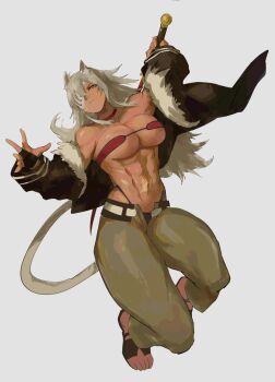 Rule 34 | 1girl, abs, animal ears, arqa, attack, bandeau, black jacket, breasts, cat ears, choker, commentary, dark-skinned female, dark skin, eyepatch, fur-trimmed jacket, fur trim, ghislaine dedoldia, green pants, grey hair, highleg, highleg panties, highres, holding, holding sword, holding weapon, jacket, large breasts, long hair, muscular, muscular female, mushoku tensei, navel, open clothes, open jacket, open pants, panties, pants, red bandeau, red choker, red eyes, scar, scar on stomach, solo, sword, tail, underwear, weapon