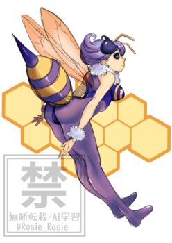 Rule 34 | 1girl, arthropod girl, ass, bare shoulders, bee girl, bee wings, black bodysuit, black leotard, bodysuit, breasts, darkstalkers, full body, insect girl, insect wings, large breasts, leotard, purple hair, q-bee, rosie rosie, short hair, simple background, solo, watermark, white background, wings
