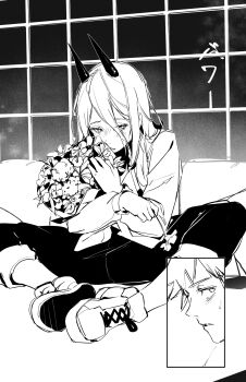 1boy 1girl bouquet chainsaw_man demon_girl demon_horns denji_(chainsaw_man) flower greyscale hair_between_eyes highres holding holding_bouquet horns kuno_(runkunochan) long_hair long_hair_between_eyes monochrome pants power_(chainsaw_man) red_horns shirt shoes sitting spread_legs sweatdrop window