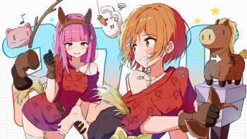 Rule 34 | 2girls, animal ears, barefoot, black skirt, blouse, blush, breasts, brown eyes, brown gloves, clenched teeth, commentary request, fake animal ears, fake tail, gloves, grin, hair ornament, hairclip, highres, holding hairband, horse, horse ear hairband, horse ears, horse tail, jewelry, medium hair, multiple girls, necklace, nengajou, new year, orange hair, original, parallel hairclips, pink eyes, pink hair, qiufengxiaose, rabbit hair ornament, red shirt, shirt, short hair, single bare shoulder, skirt, small breasts, smile, star (symbol), star hair ornament, stuffed animal, stuffed cat, stuffed horse, stuffed rabbit, stuffed toy, sweatdrop, tail, teeth, thighhighs, white thighhighs