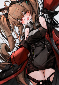 Rule 34 | 1girl, ahoge, angelina (arknights), animal ear fluff, animal ears, arknights, arknights: endfield, arm up, armpits, bilingual commentary, black thighhighs, blush, breasts, brown hair, coat, commentary, dot nose, dress, dutch angle, english commentary, fang, fox ears, fox girl, fox tail, gilberta (arknights), gloves, grey dress, high collar, highres, impossible clothes, impossible dress, kari90909, long hair, looking at viewer, medium breasts, mixed-language commentary, off shoulder, open clothes, open coat, red coat, red eyes, red gloves, sleeveless, sleeveless dress, solo, tail, thighhighs, twintails, very long hair, zettai ryouiki